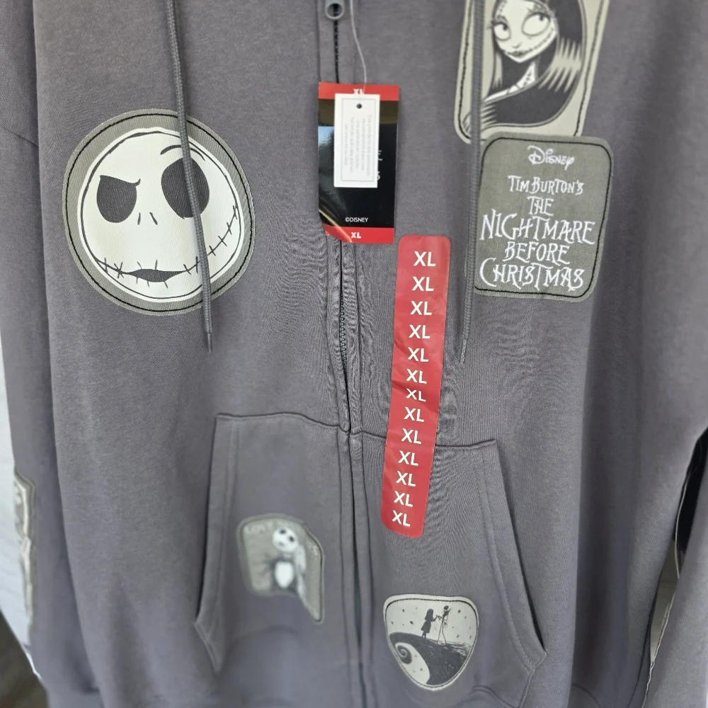 NWT Disney Nightmare Before Christmas Multi-Patch Full Zip Hoodie Gray XL - Picture 3 of 6